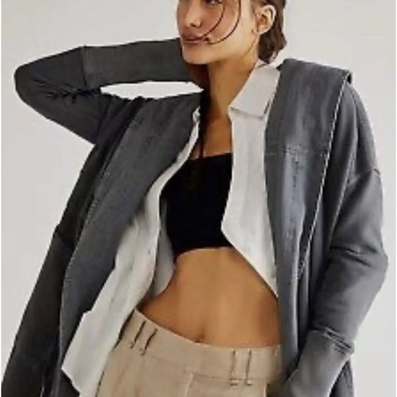 Free People Sweaters - Free People Brentwood Cardi Hoodie Rib Sleeve Slouchy Sunflower Seed Black Gray